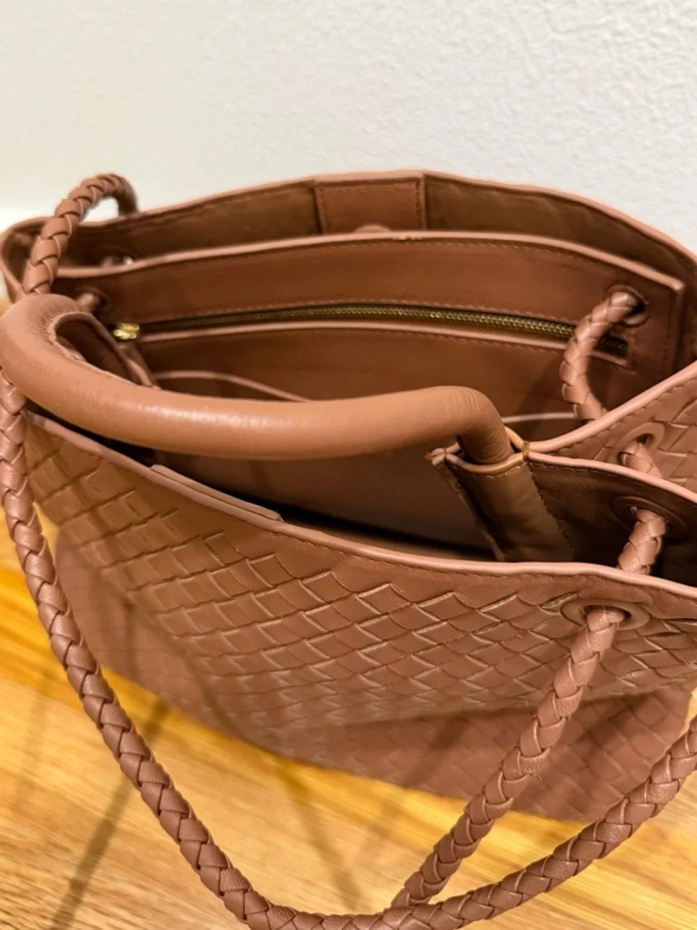 Large Quince Italian Leather Handwoven Satchel Cognac Woven Crossbody Tote Purse - Picture 5 of 6